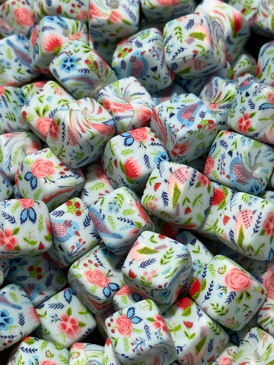 Paisley Floral 13.5mm Square Printed Silicone Bead