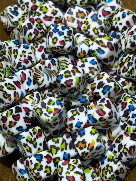 Neon Leopard 13.5mm Square Printed Silicone Bead