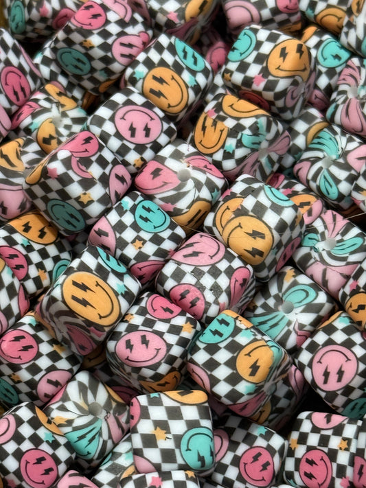 Smiley Check 13.5mm Square Printed Silicone Bead