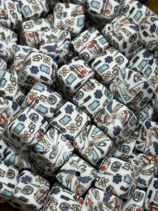 Ambulance 13.5mm Square Printed Silicone Bead