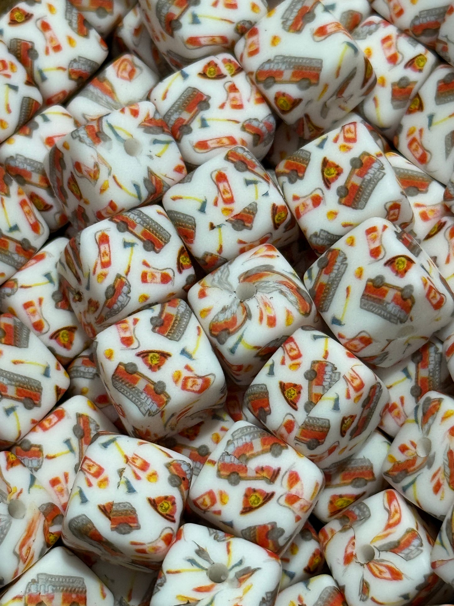 Fire Truck 13.5mm Square Printed Silicone Bead