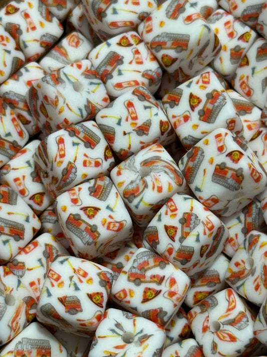 Fire Truck 13.5mm Square Printed Silicone Bead