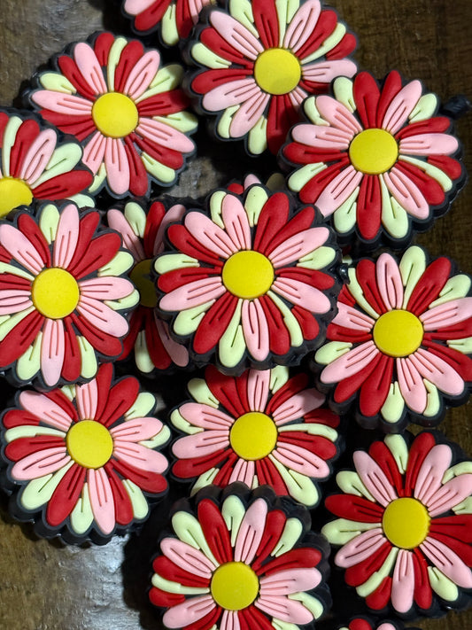 Pink & Red Daisy Silicone Focal Bead