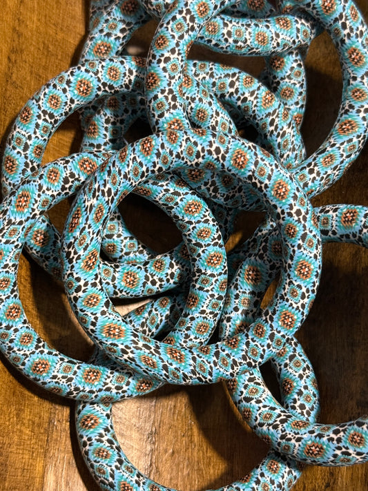 Sky Blue Aztec & Cowhide 65mm Silicone Ring Bead – Western Boho Style