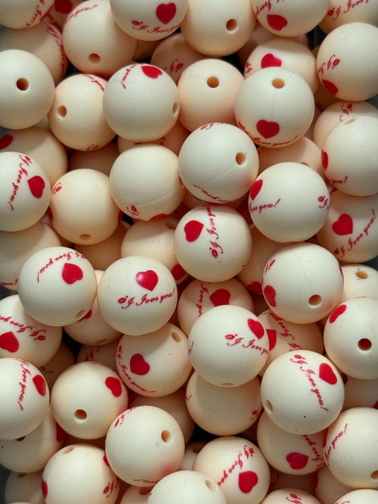 “I Love You” 15mm Silicone Beads – Cream & Red Heart Valentine Beads for Keychains, Jewelry & DIY Gifts