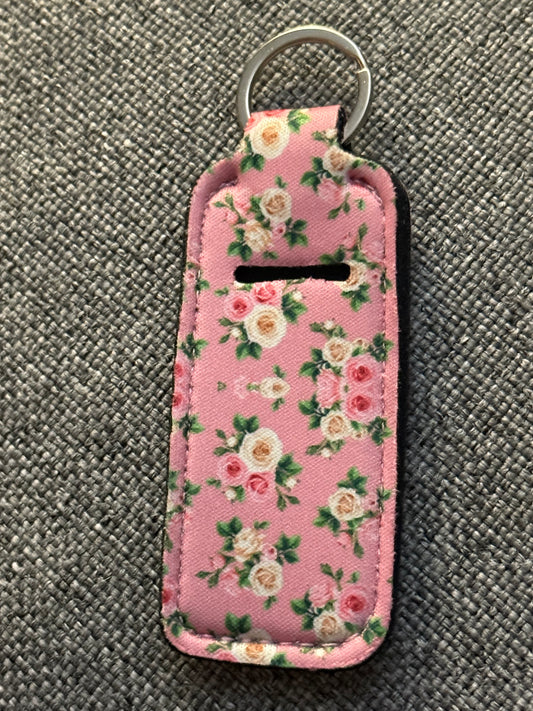 Pink Floral Neoprene Chapstick Holder Keychain – Lip Balm Sleeve with Key