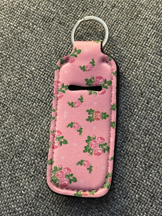 Pink Mini Rose Neoprene Chapstick Holder Keychain – Lip Balm Sleeve with Key Ring
