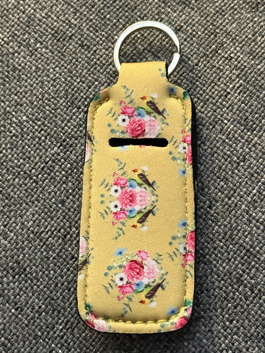 Yellow Floral Neoprene Chapstick Holder Keychain – Lip Balm Sleeve with Key Ring