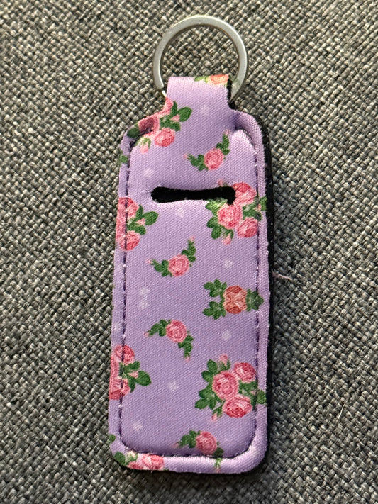 Lavender Floral Neoprene Chapstick Holder Keychain – Lip Balm Sleeve with Key Ring
