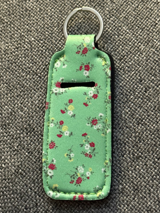 Mint Green Floral Neoprene Chapstick Holder Keychain – Lip Balm Sleeve with Key Ring
