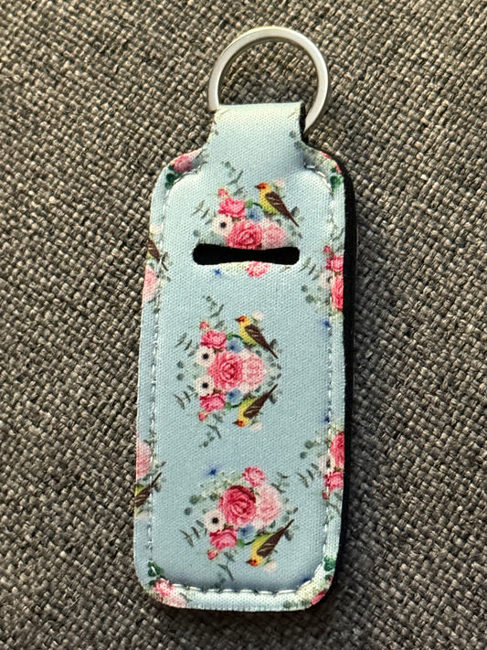 Blue Bird & Floral Neoprene Chapstick Holder Keychain – Lip Balm Sleeve with Key Ring