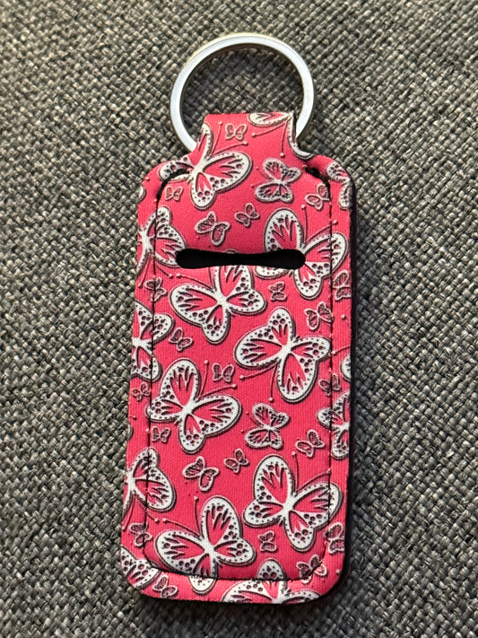 Hot Pink Butterfly Neoprene Chapstick Holder Keychain – Lip Balm Sleeve with Key Ring