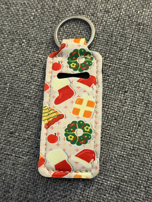 Christmas Wreath & Gift Neoprene Chapstick Holder Keychain – Holiday Lip Balm Sleeve with Key Ring
