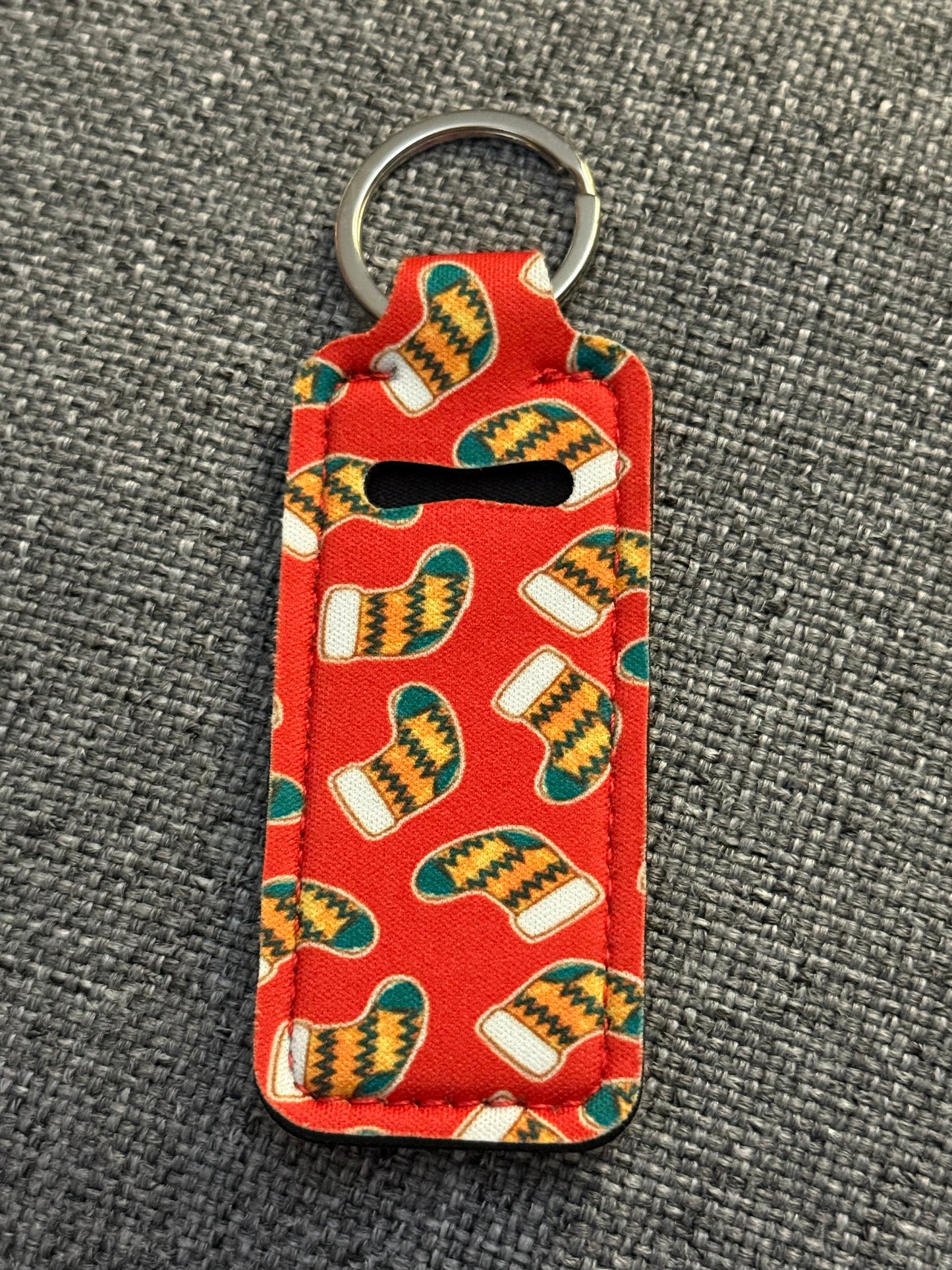 Red Christmas Mitten Neoprene Chapstick Holder Keychain – Holiday Lip Balm Sleeve with Key Ring