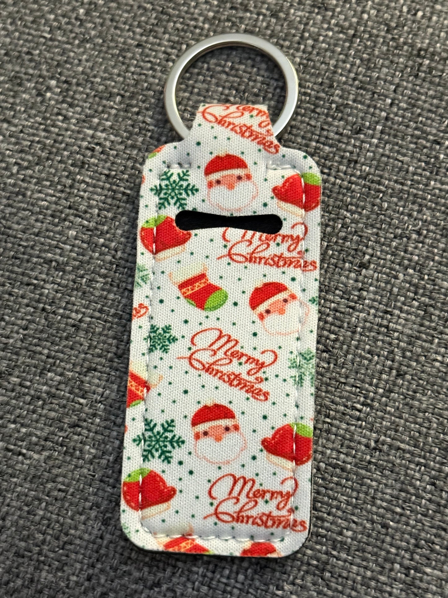 Merry Christmas Santa Neoprene Chapstick Holder Keychain – Holiday Lip Balm Sleeve with Key Ring