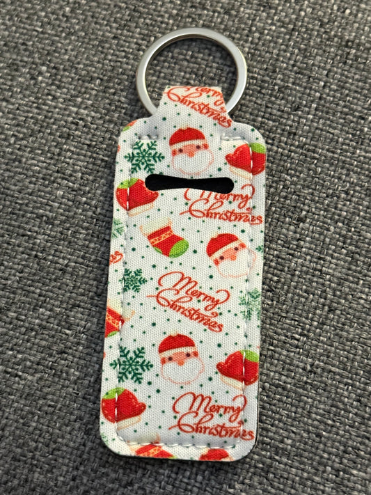 Merry Christmas Santa Neoprene Chapstick Holder Keychain – Holiday Lip Balm Sleeve with Key Ring