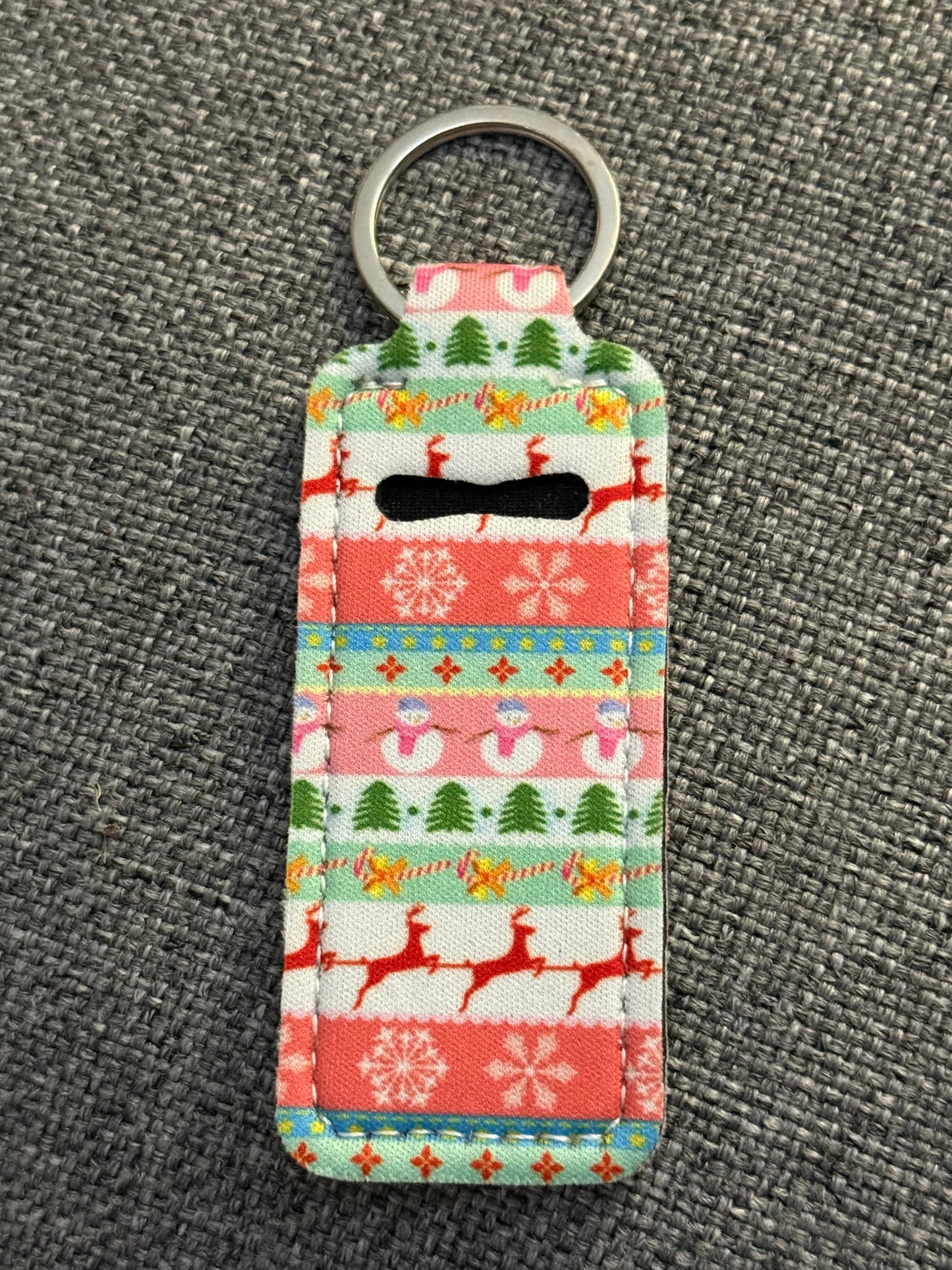 Christmas Reindeer Neoprene Chapstick Holder Keychain – Holiday Lip Balm Sleeve with Key Ring
