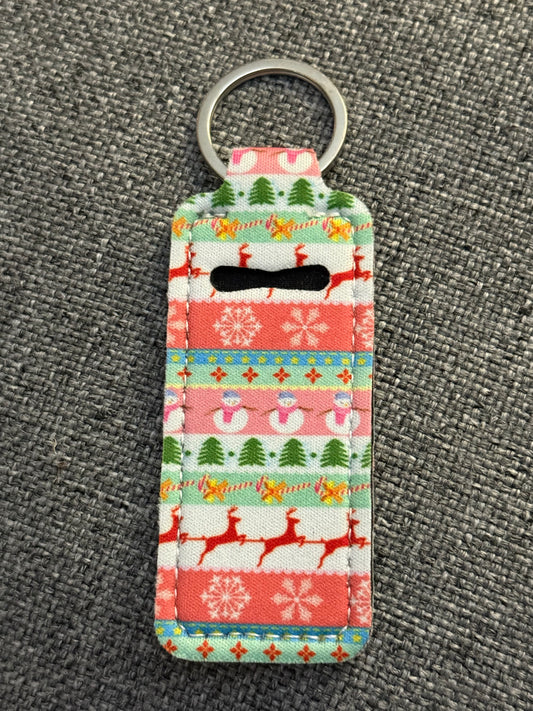 Christmas Reindeer Neoprene Chapstick Holder Keychain – Holiday Lip Balm Sleeve with Key Ring