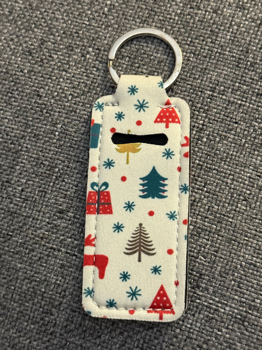 Christmas Forest Neoprene Chapstick Holder Keychain – Holiday Lip Balm Sleeve with Key Ring