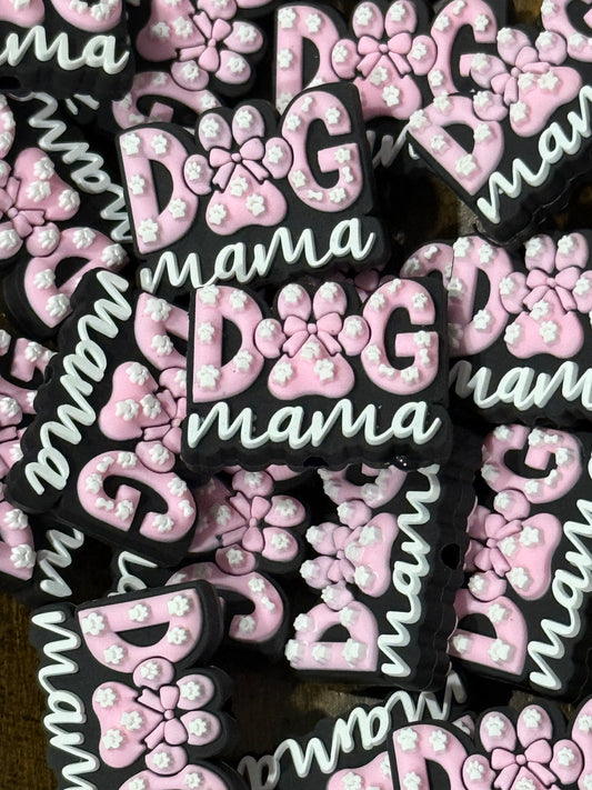 “Dog Mama” Silicone Focal Bead – Pink Paw Print & Bow Design for Pet Lovers