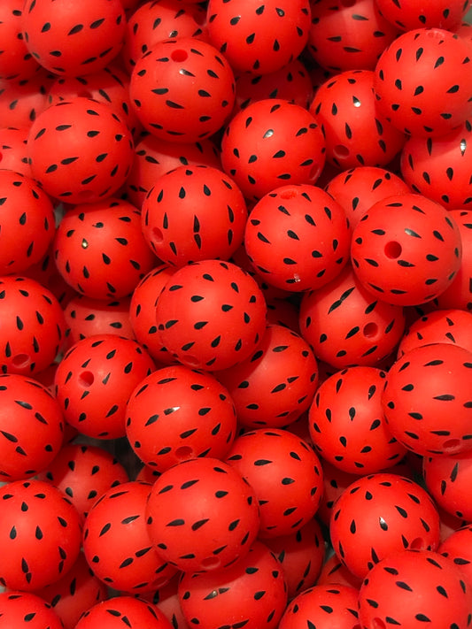 15mm Watermelon Print Silicone Beads – Red and Black Summer Fruit Beads for DIY Bracelets, Keychains & Teething Crafts