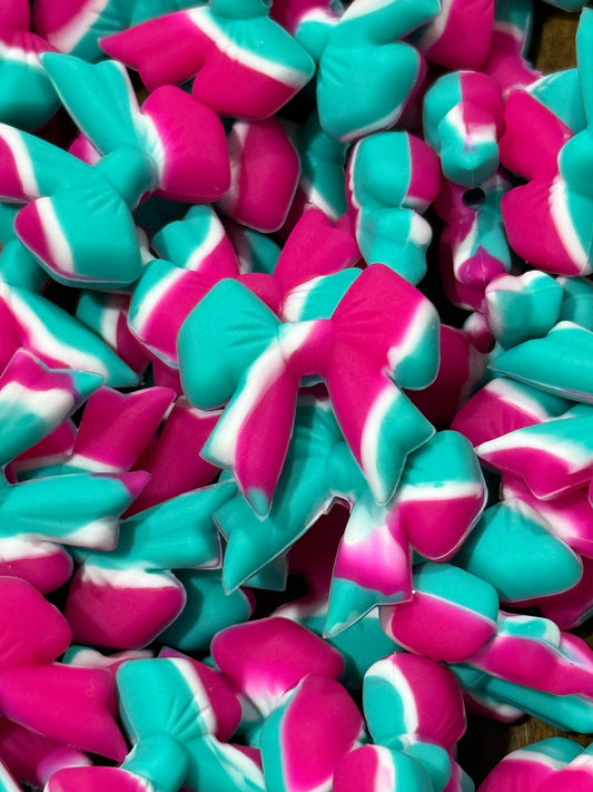 Pink & Teal Swirl Silicone Bow Beads – Multicolor Focal Beads for Bracelets, Keychains & Beadable Pens