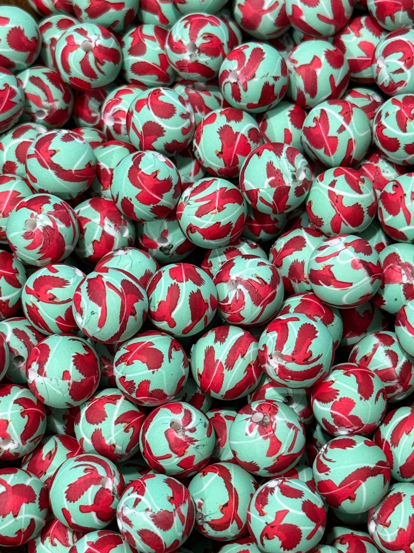 Mint & Red Cardinal 15mm Printed Silicone Beads – Holiday Bird Beads for Bracelets, Keychains & Crafts