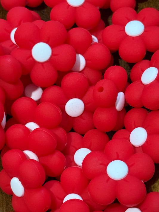 Red Silicone Daisy Focal Beads – 25mm Flower Beads for Keychains, Wristlets & DIY Crafts