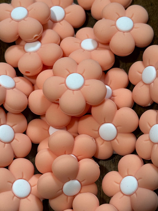Peach Silicone Daisy Flower Focal Beads – 25mm Floral Accent Beads for Keychains, Wristlets & DIY Crafts