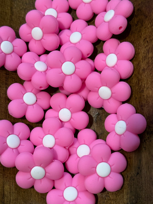 Hot Pink Silicone Daisy Flower Focal Beads – 25mm Floral Accent Beads for Keychains, Wristlets & DIY Crafts