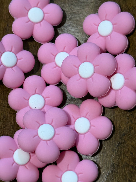 Pink Silicone Daisy Flower Focal Beads – 25mm Floral Accent Beads for Keychains, Wristlets & DIY Crafts