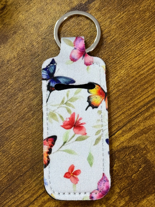 Neoprene Chapstick Keychain Holder – Lip Balm Holder Key Ring with Floral Butterfly Print for Bags, Wristlets and Everyday Use