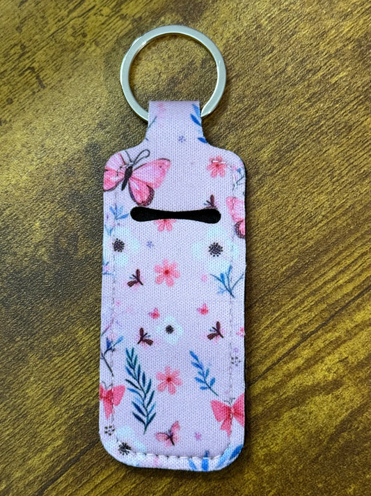 Neoprene Chapstick Keychain Holder – Lip Balm Holder Key Ring with Floral and Butterfly Print for Bags, Wristlets and Everyday Use