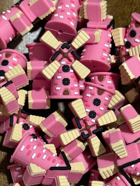Pink Windmill Silicone Focal Beads – 3D Cottagecore Beads for DIY Jewelry & Keychains