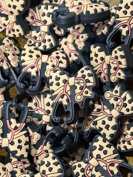 Leopard Bow Stethescope Silicone Focal Bead – Chunky Boutique Bow Bead for Keychains, Wristlets, Pens & DIY Crafts