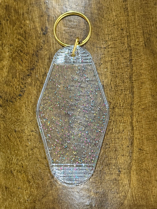 Clear Glitter/Gold Blank Hotel-Style Plastic Keychain – Vintage Motel Tag, DIY Keychain Base for Mini UVDTF Decals
