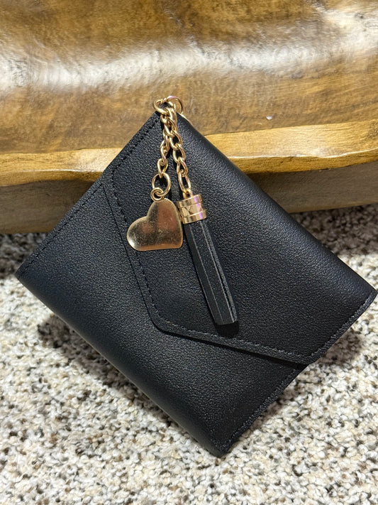 Women’s Compact Tassel Wallet – Card Holder with Heart Charm, Tri-Fold Faux Leather Wallet