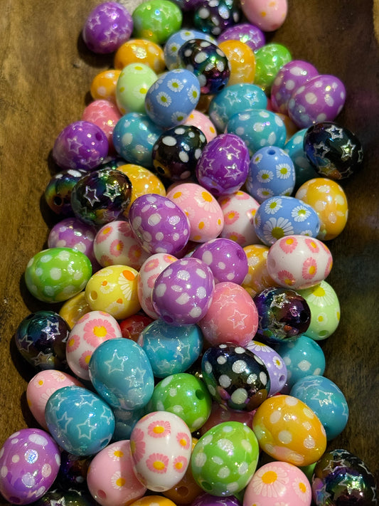 Multicolor Acrylic Egg Beads – Floral, Polka Dot & Star Patterns • 20mm Oval Spacer Beads • Spring & Easter Mixed Bead Pack