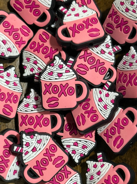 XOXO Pink Mug Silicone Focal Bead – Valentine Hot Cocoa Cup Bead for Keychains, Lanyards, Bracelets, Craft Projects