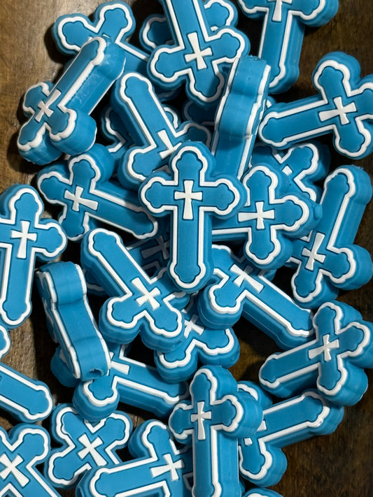 Blue Cross Silicone Focal Bead | 3D Religious Silicone Bead for Keychains, Wristlets & Crafts