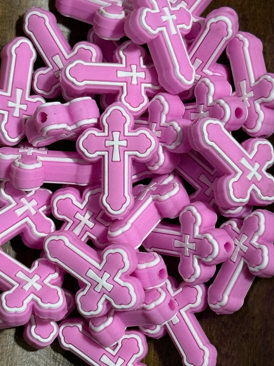 Pink Cross Silicone Focal Bead | 3D Religious Silicone Bead for Keychains, Wristlets & Faith Crafts