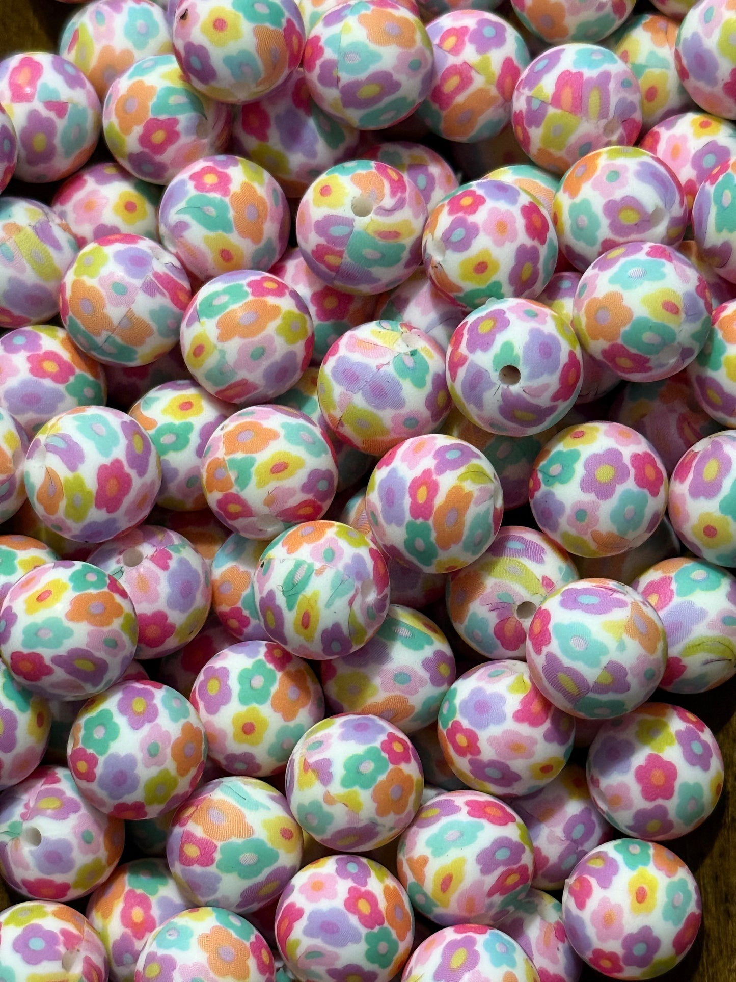 Spring Daisy Floral 15mm Printed Silicone Beads | Round Silicone Beads for Keychains, Pens & DIY Crafts