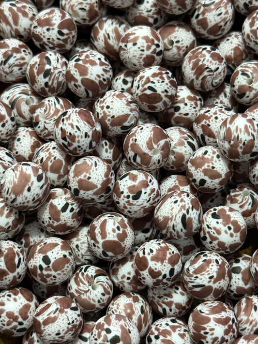 Speckled Animal Print 15mm Silicone Beads | Neutral Printed Round Beads for Keychains, Pens & DIY Crafts