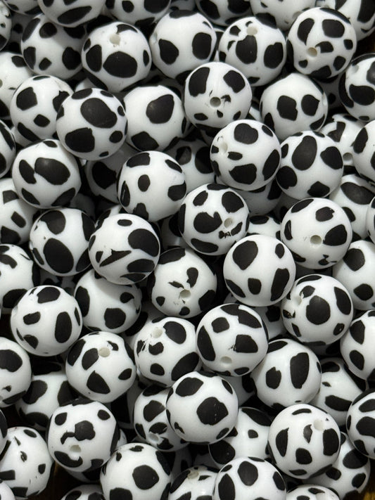 Cow Print 15mm Silicone Beads | Black & White Animal Print Round Beads for Keychains, Pens & DIY Crafts