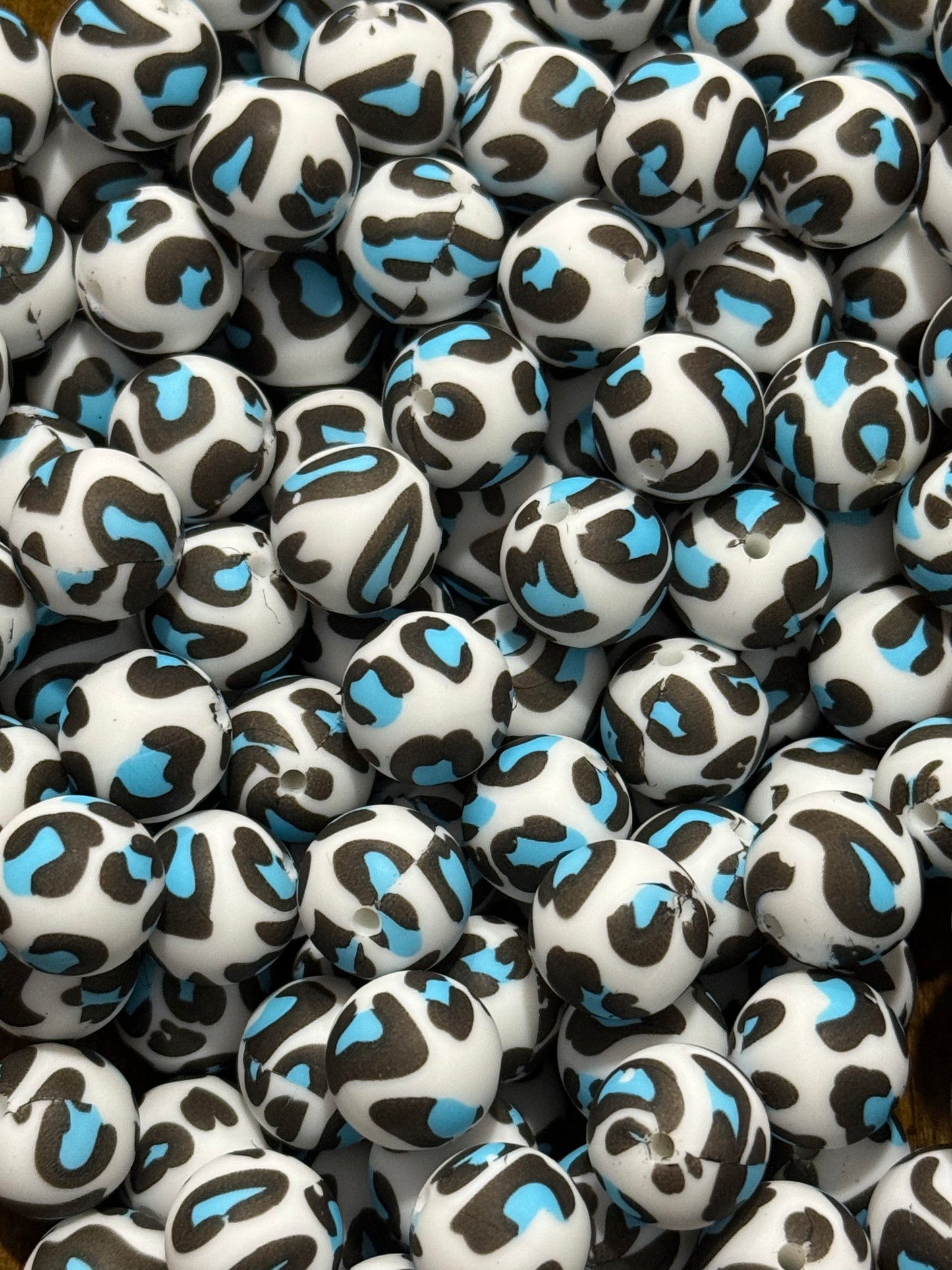 Blue Cow Print 15mm Silicone Beads | Black, White & Blue Animal Print Round Beads for Keychains, Pens & DIY Crafts