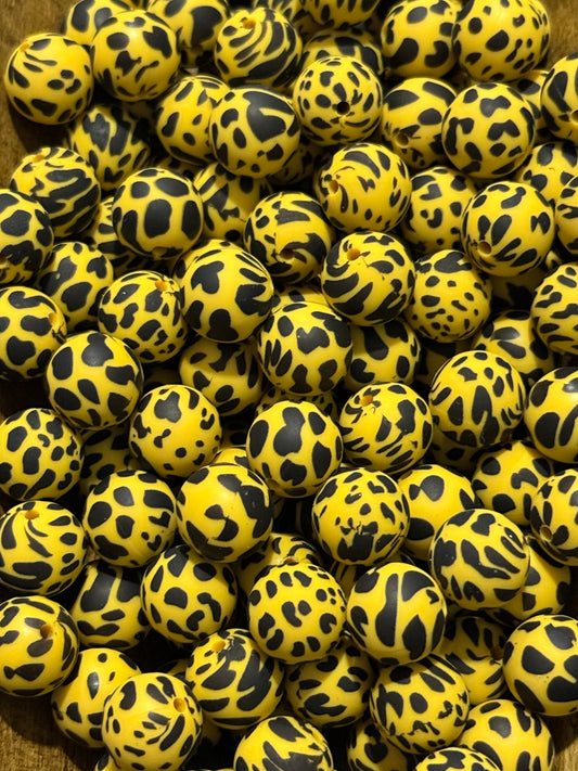 Yellow Leopard Print 15mm Silicone Beads | Black & Yellow Animal Print Round Beads for Keychains, Pens & DIY Crafts