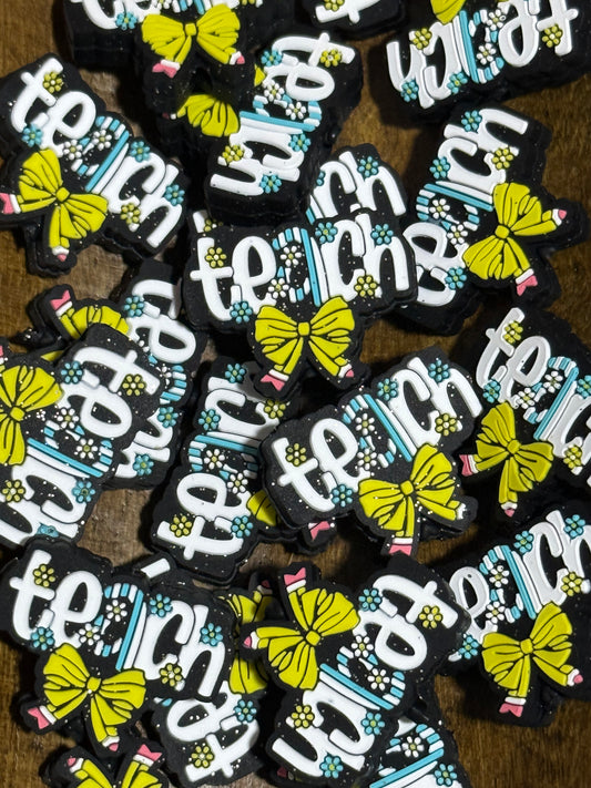 Teacher Appreciation Silicone Focal Bead – “Teach” Bow Design – Sold Individually