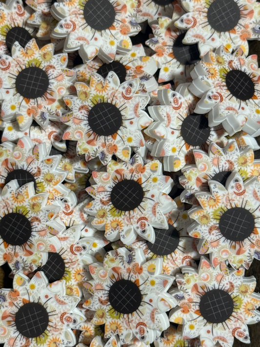 Printed Sunflower Silicone Focal Bead – Boho Celestial Floral Design (Sold Individually)