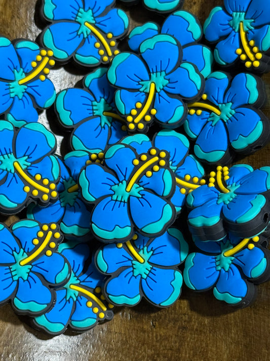 Blue Hibiscus Flower Silicone Focal Bead | Tropical Floral Silicone Bead | DIY Keychain, Wristlet & Craft Supply