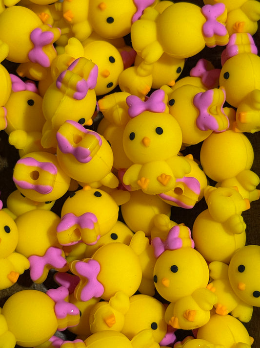 Cute Chick Silicone Focal Bead with Pink Bow – Yellow | Sold Individually